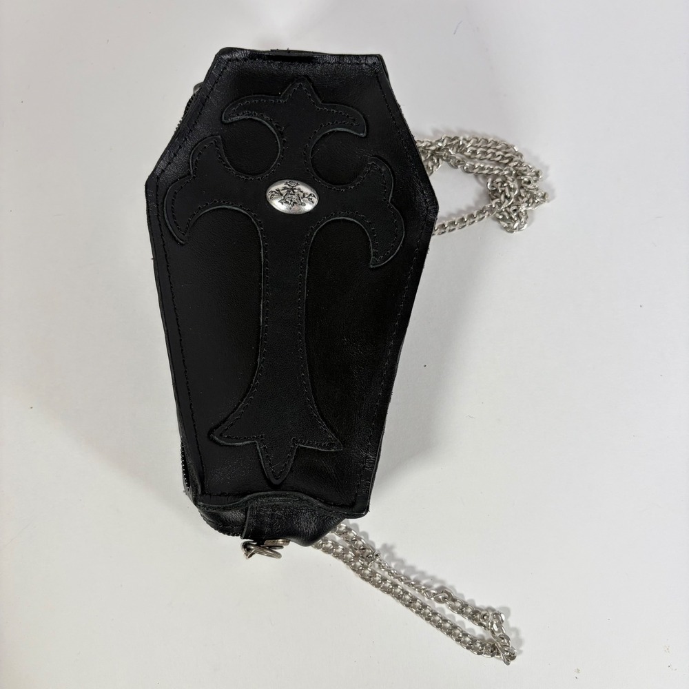 Alchemy Gothic Black Leather Coffin Crossbody Bag Silver Chain Cross Applique
